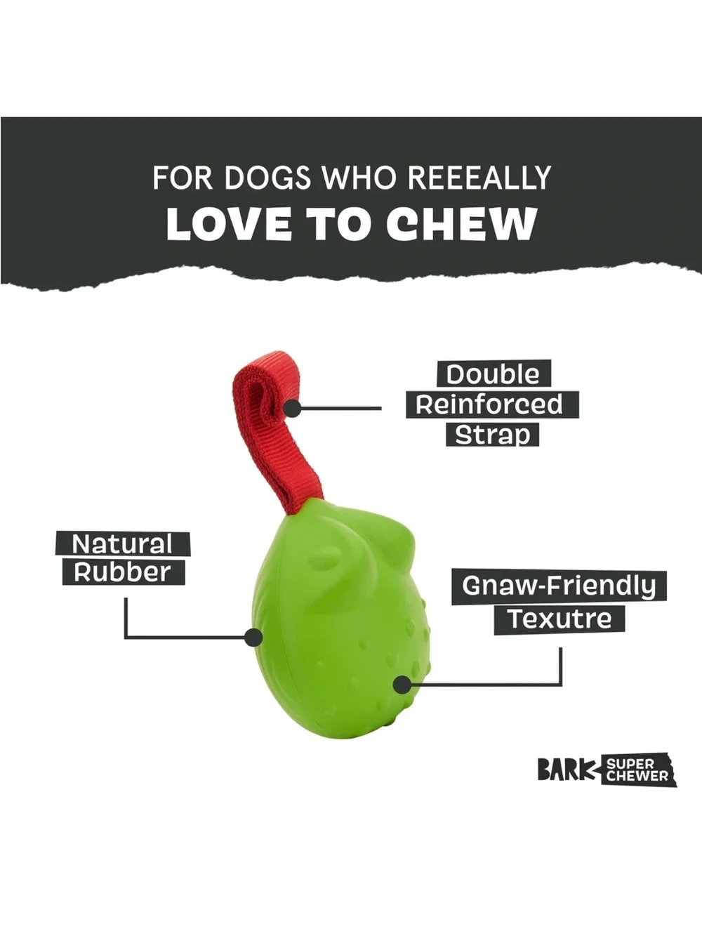 BARKBOX SUPER CHEWER Green Textured Toad Large Dog Tug Toy with Red Nylon Handle